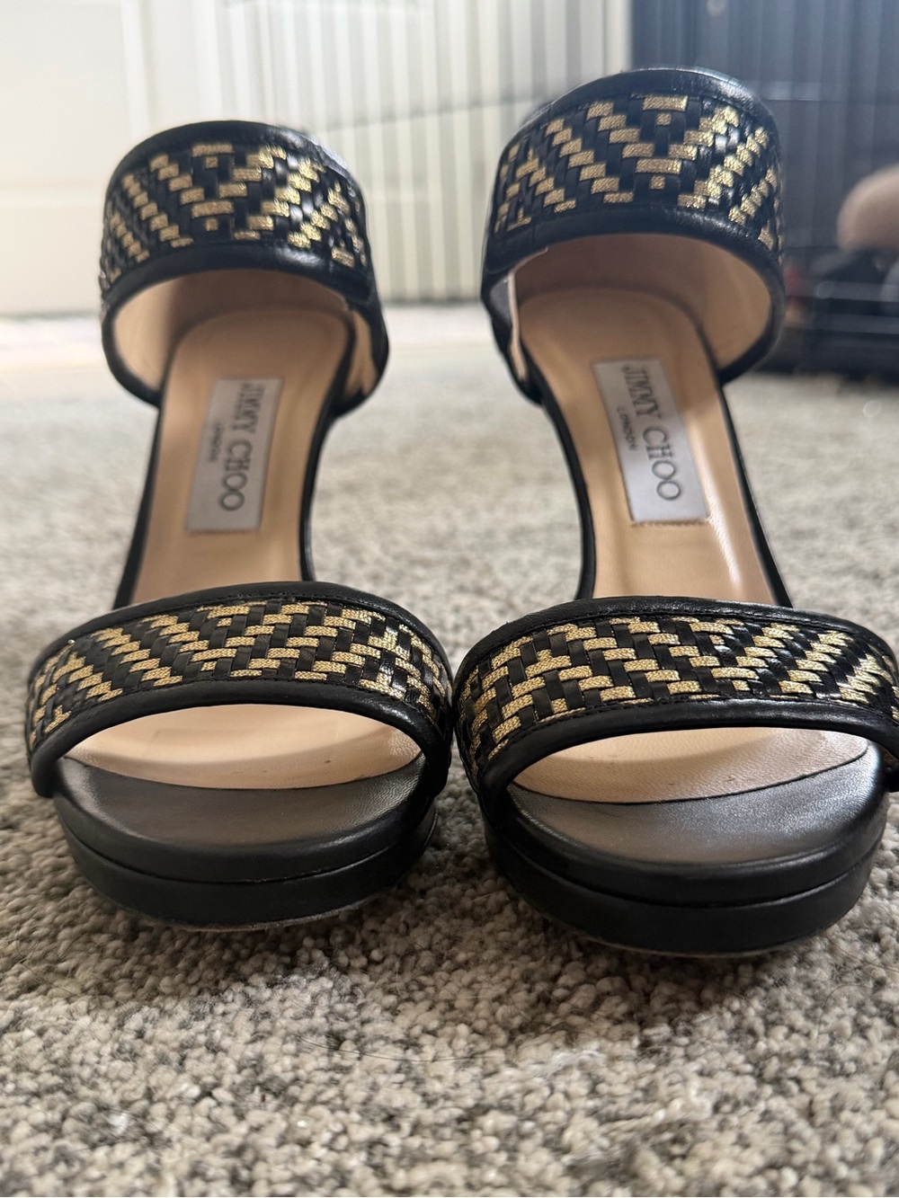 Jimmy Choo Black and Gold Woven Strap Open-Toe Heels